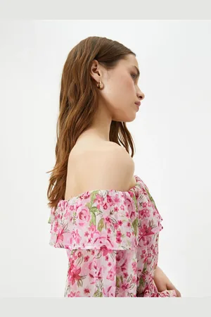 Koton Floral Dress Midi Off Shoulder Tie Detail