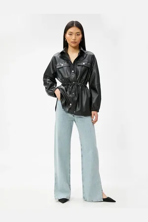 Koton Faux Leather Jacket Pockets Gathered Waist