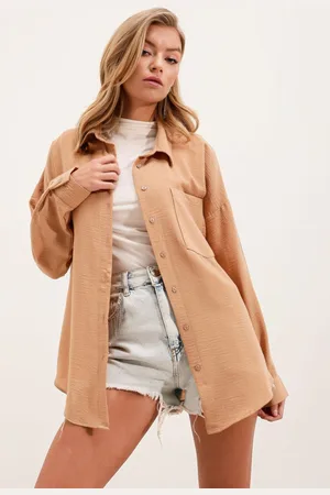 Bigdart 20153 Single Pocket Oversize Linen Shirt - Biscuit