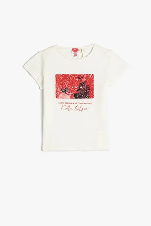 Koton Atatürk Printed T-Shirt Short Sleeve Double Sided Sequin Embroidered Cotton