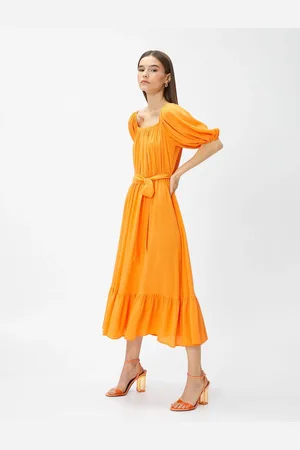 Koton Layered Midi Length Dress With Open Shoulder Belt