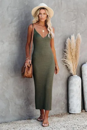 MADMEXT Khaki V Neck Strappy Knitwear Long Dress