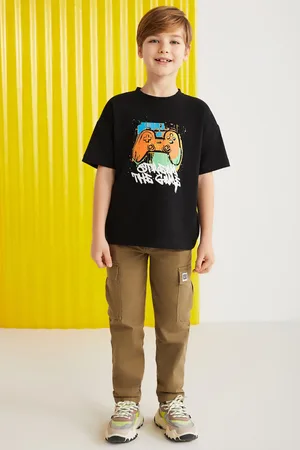 Grimelange Jery Boys 100% Cotton Printed Short Sleeve Black T-shirt