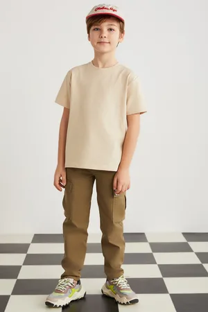 Grimelange Lorenz Boys 100% Cotton Crew Neck Relaxed Fit Short Sleeve Beige T-shir