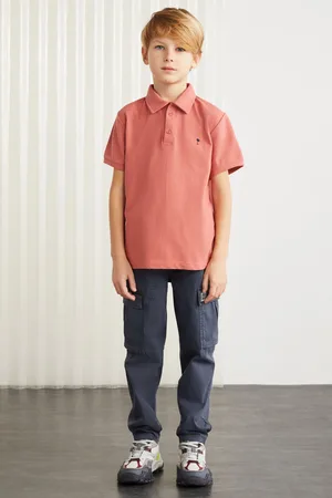 Grimelange Lois-grm24001 100% Cotton Embroidered Short Sleeve Polo Neck Tshirt Brick Color Polo Neck T-shirt