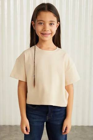 Grimelange HEIDA-GRM24022- 100% cotton trim label girls kids short sleeve tshirt kids tshirt Beige T-Shirt