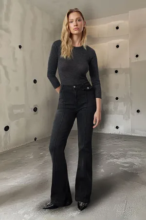Trendyol Anthracite Ribbed High Waist Lycra Flare Jeans
