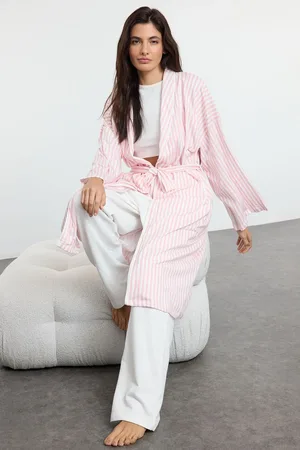 Trendyol Pink Belted 100% Cotton Striped Knit Dressing gown