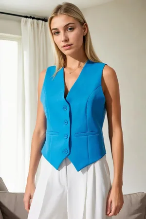 Dewberry 10202 Crop Woven Women Vest-BLUE