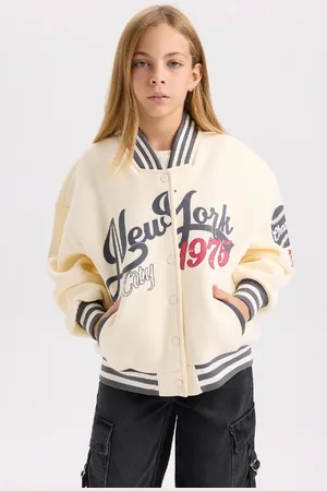 DeFacto Girls Slogan Printed College Collar Bomber Thick Sweatshirt Fabric Soft Fluffy Inside Cardigan