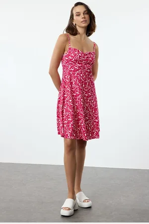 Trendyol Fuchsia Floral Patterned Textured Straps Stretch Detailed Flexible Knitted Mini Dress