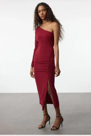 Trendyol Claret Red Plain Maxi Single Sleeve Draped Detail Slit Body-Fits Flexible Knitted Dress