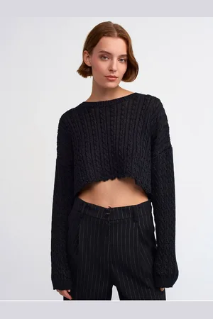 Dilvin 10440 Crew Neck Hair Braided Silvery Crop Knitwear-black