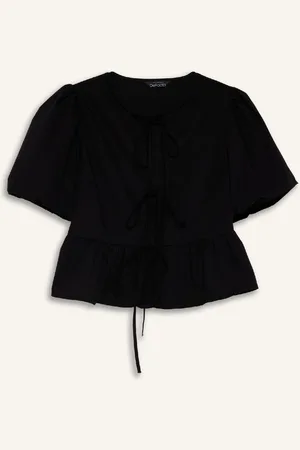 DeFacto Regular Fit Round Neck Front Tie Poplin Short Sleeve Blouse