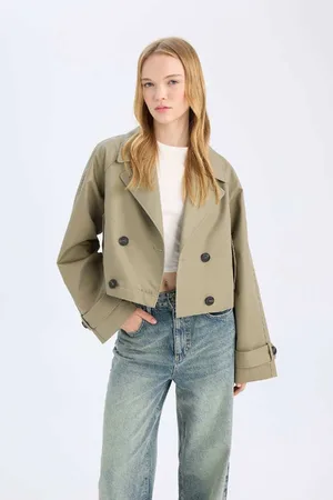 DeFacto Regular Fit Short Trench Coat Tuxedo Collar Buttoned Cotton