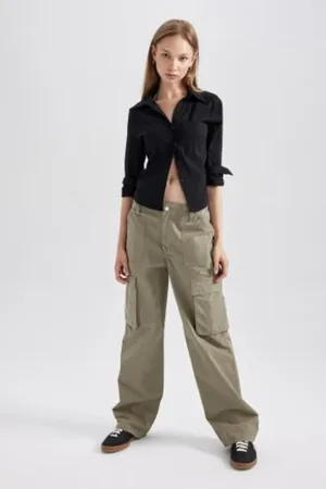 DeFacto Gabardine Trousers Straight Fit Standard Length High Waist Cargo Pocket