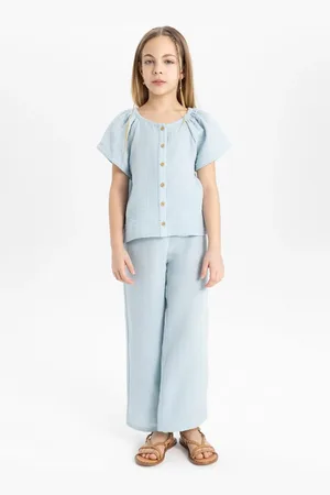 DeFacto Girl 2-Piece Set Short Sleeve Buttoned Blouse Wide Leg Trousers