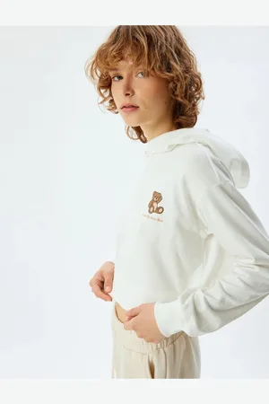 Koton Hooded Crop Sweatshirt Pajama Top Teddy Bear Embroidered Cotton Three Thread