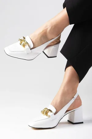 Mio Gusto Corinne White Color Patent Leather Flat Toe Open Back Thick Heeled Women