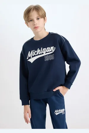 DeFacto Boy Navy Blue Oversize Wide Pattern Crew Neck Printed Thick Sweatshirt