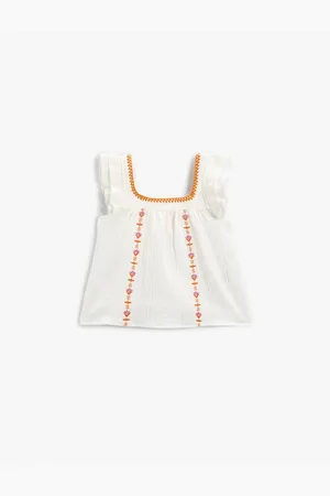 Koton Muslin Blouse Embroidered Ruffle Sleeves Square Neck Cotton