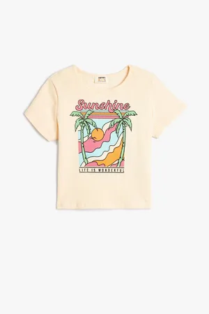 Koton Crop T-Shirt Tropical Printed Short Sleeve Crew Neck Cotton