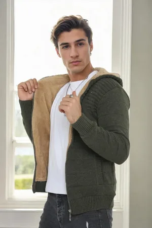 Dewberry 14455 Furry Hooded Mens Sports Slim Fit Cardigan-Khaki