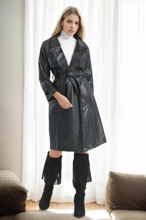 Dewberry 22614 Long PU Women TrenchCoat-BLACK