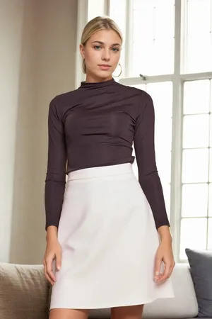 Dewberry 60086 Knee Length Bell Skirt-LIGHT BEIGE