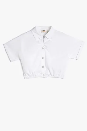 Koton Crop Shirt Short Sleeve Pearl Button Detailed Waist Elastic Cotton