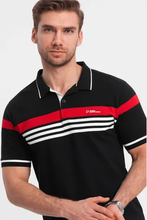 Ombre Clothing Męska koszulka polo z trójkolorowymi pasami - czarna