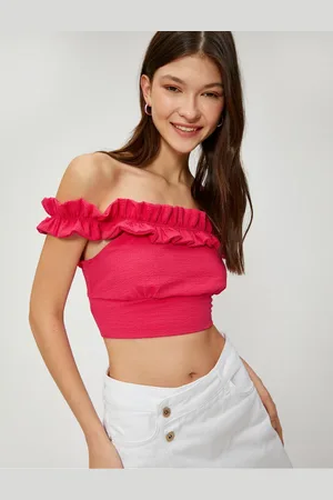 Koton Madonna Collar Off Shoulder Blouse Crop Ruffle Textured Viscose Blend