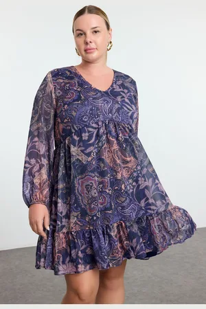 Trendyol Curve Multicolored Floral Glittery Skirt Ruffle Woven Plus Size Dress