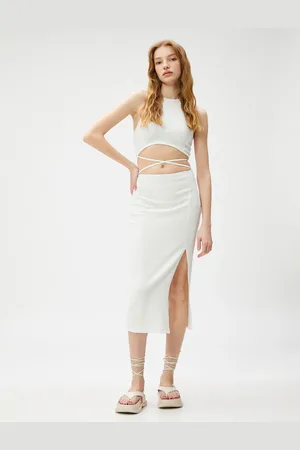 Koton Ribbed Midi Dress with Window Detailed Slit Halter Neck