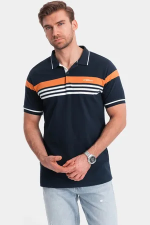 Ombre Clothing Koszulka męska polo z trójkolorowymi pasami - granatowa