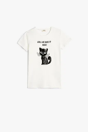 Koton T-Shirt Short Sleeve Crew Neck Cat Sequin Embroidered