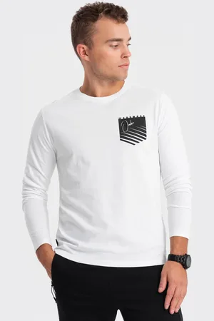 Ombre Clothing Pánské tričko s dlouhým rukávem s potiskem ve tvaru kapsy - bílé