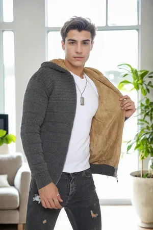 Dewberry 14455 Furry Hooded Mens Sports Slim Fit Cardigan-GREY