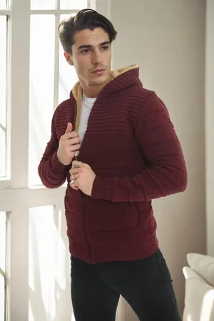Dewberry 14455 Furry Hooded Mens Sports Slim Fit Cardigan-BURGUNDY