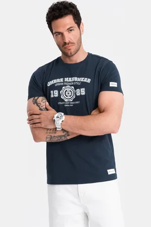 Ombre Clothing T-shirt męski z nadrukiem w stylu college – granatowy