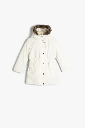Koton Long Coat Inner Faux Fur Hooded Zipper and Wind Flap with Snap Closure Pocket