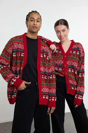 Trendyol Vícebarevný pánský oversize fit široký vánoční pletený kardigan.