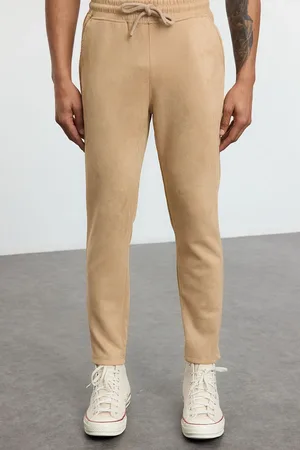 Trendyol Beige Slim Fit Elastic Waist Tie Suede Trousers