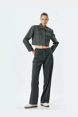Koton Fabric Trousers Straight Leg Standard Waist Button Belt Detail Viscose Blend