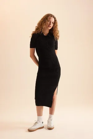 DeFacto Fitted Polo Neck Short Sleeve Slit Midi Knitwear Dress