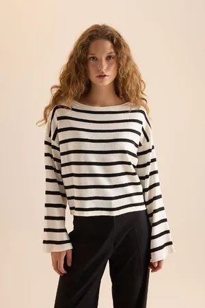 DeFacto Relaxed Cut Boat Neck Striped Knit Sweater