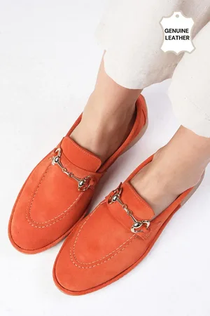 Mio Gusto Claire Genuine Suede Orange Color Oval Toe Buckle Accessory Women