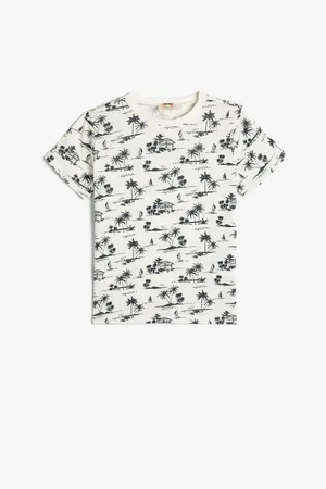 Koton T-Shirt Palm Tree Printed Short Sleeve Crew Neck Cotton
