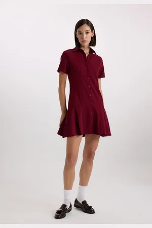 DeFacto Polo Neck Basic Plain Short Sleeve Pleated Mini Dress