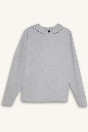 DeFacto Gray Relax Fit Hooded Casual Basic Plain Sweatshirt